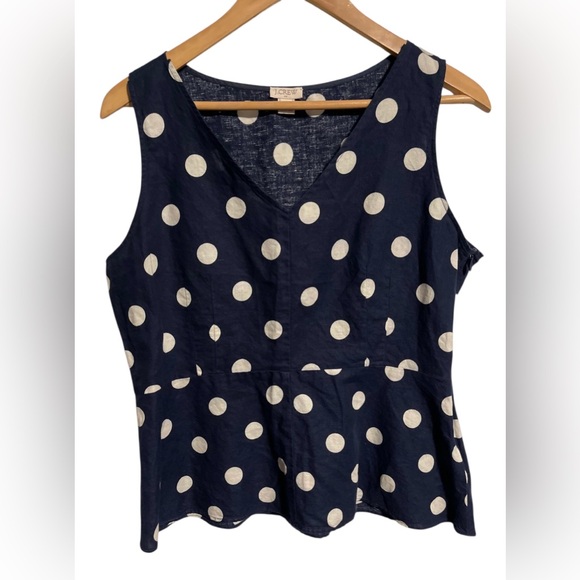 J. Crew Navy Blue White Polka Dot Linen Cotton Peplum Top Size 12 - Picture 9 of 10